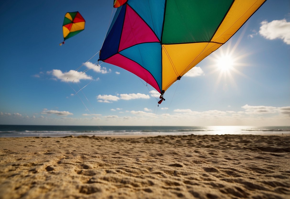 Colorful kites soar above sandy beaches, rocky cliffs, and open fields in various Australian locations. The kites range from traditional diamond shapes to modern delta and parafoil designs