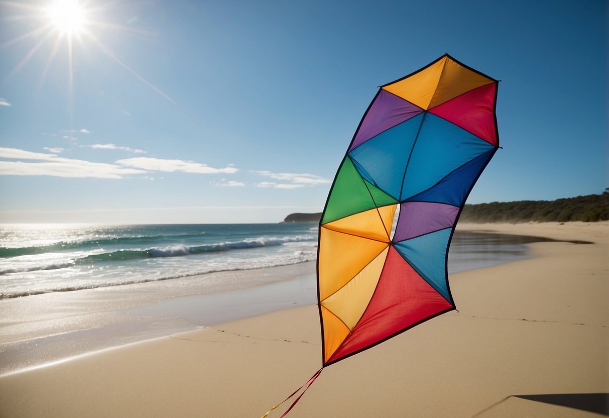 A colorful kite soaring high above a picturesque beach in Australia, with clear blue skies and gentle ocean breezes