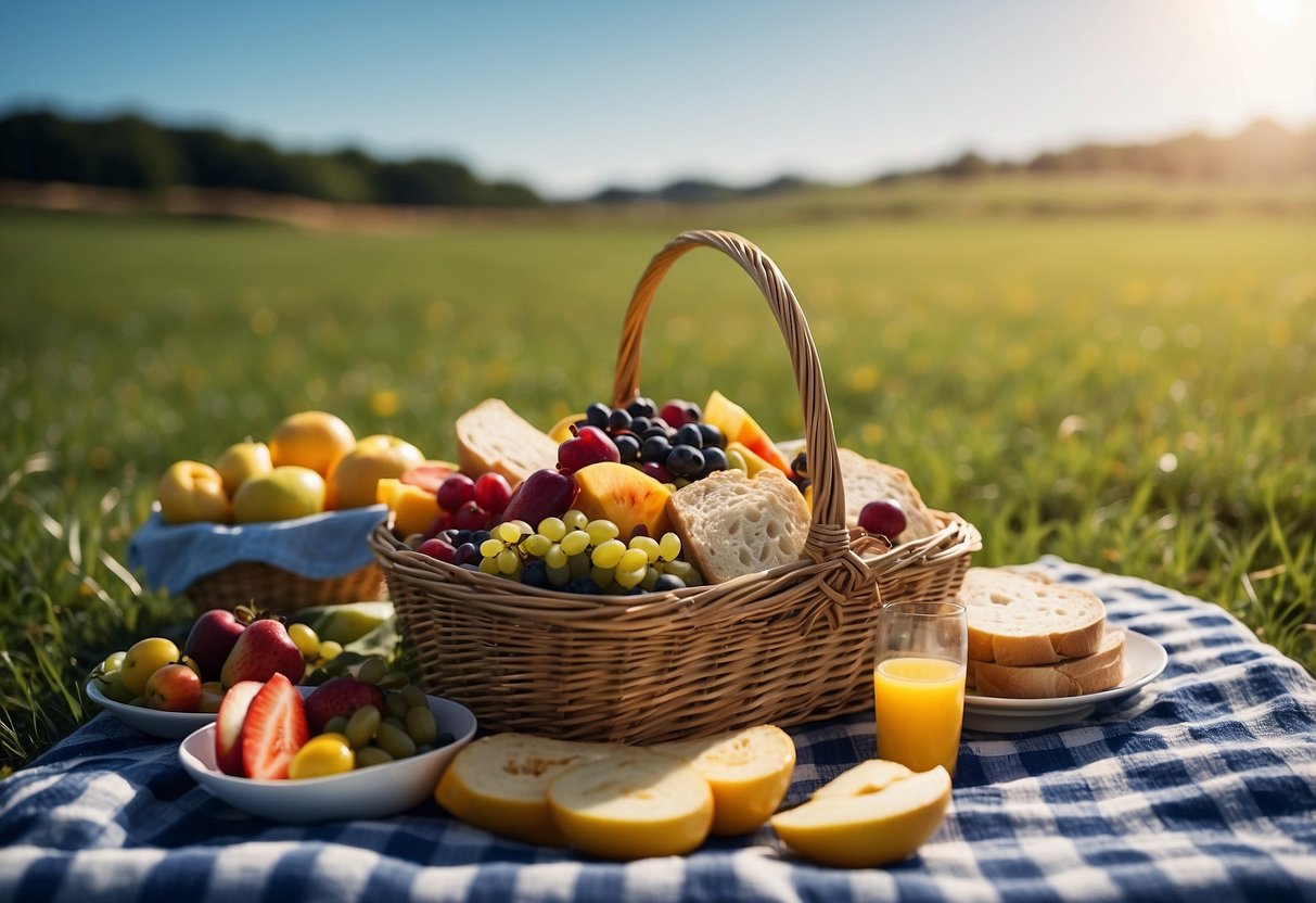 A picnic blanket spread out on a grassy field, with a colorful assortment of sandwiches, wraps, salads, and fruits arranged neatly in a wicker basket. A kite soars in the clear blue sky above