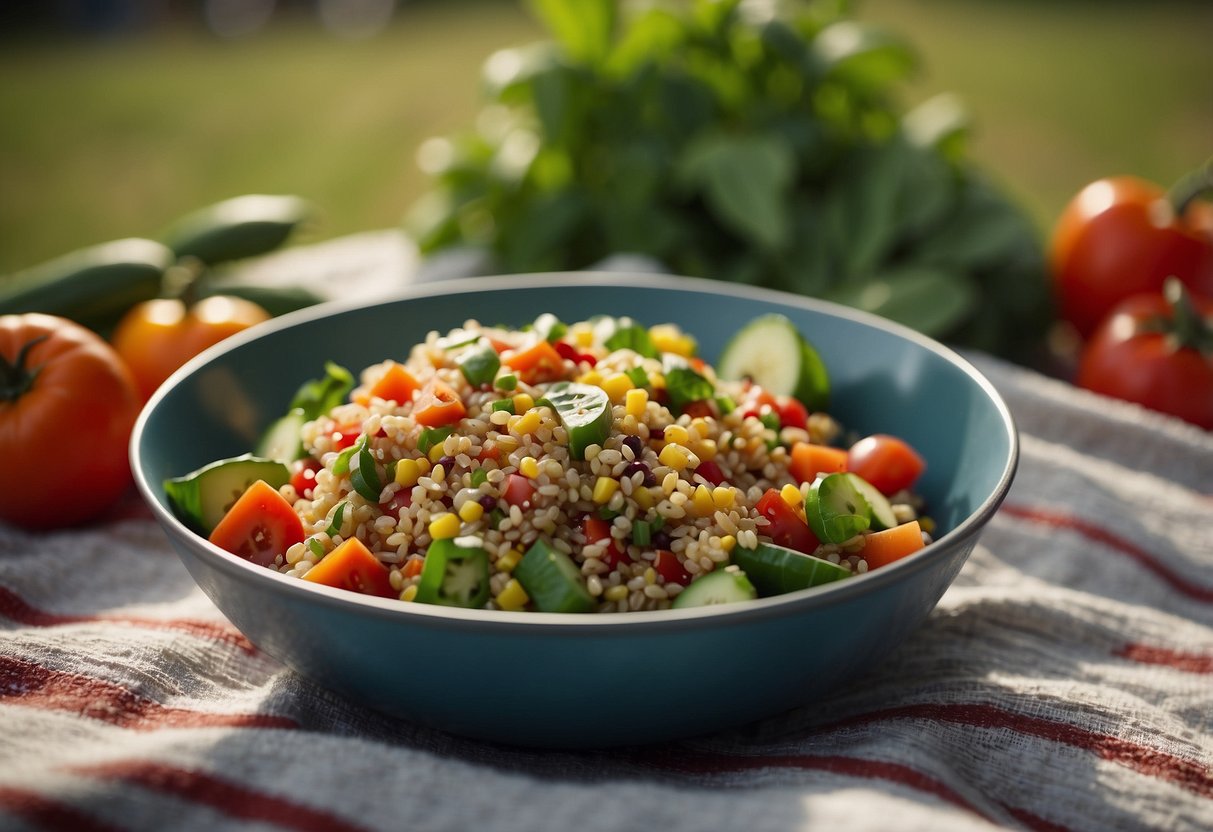 A colorful quinoa salad sits on a picnic blanket surrounded by fresh vegetables. A kite flies in the background, capturing the feeling of a light and nutritious meal for a kite flying trip