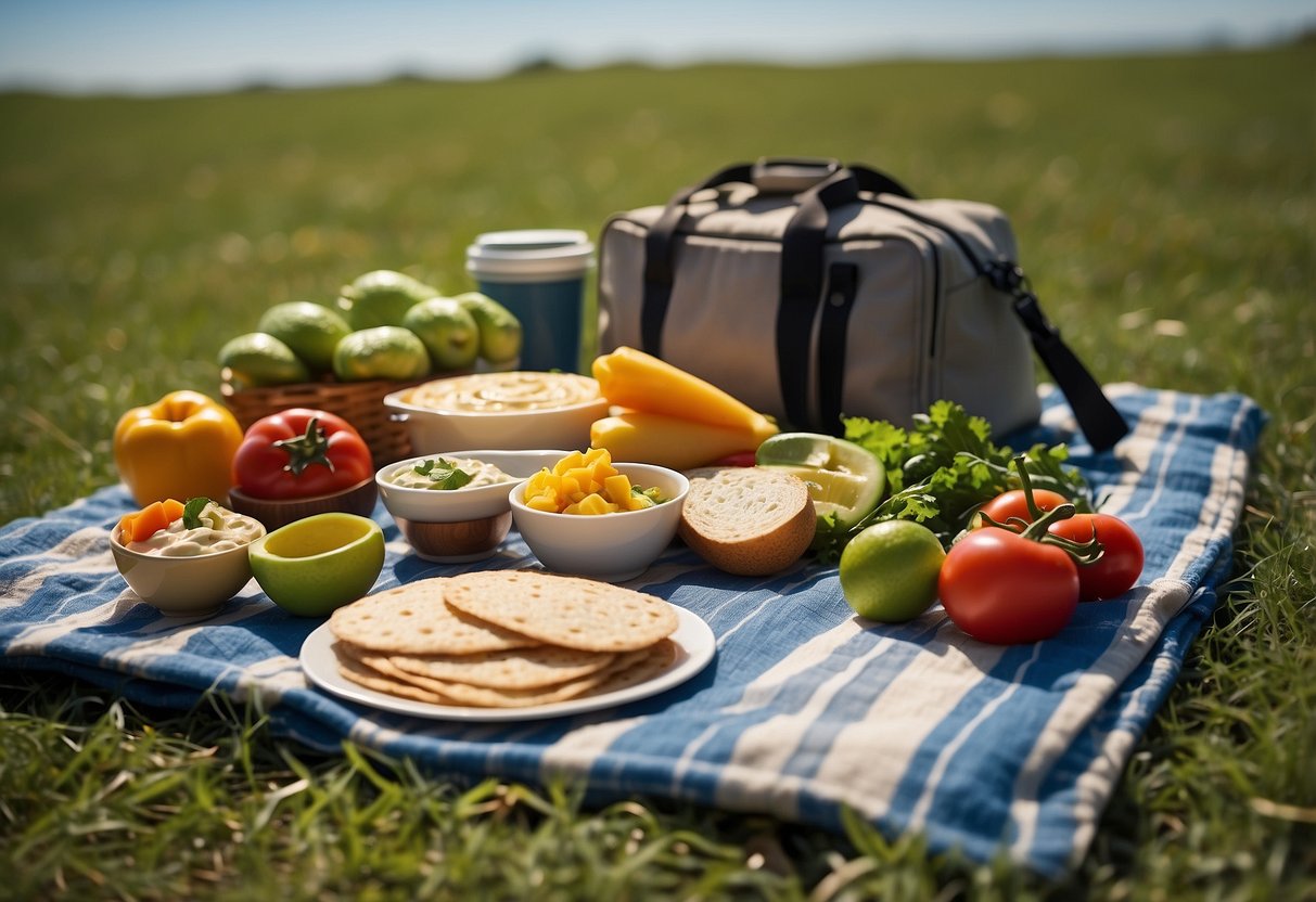 A picnic blanket spread with colorful veggie wraps, hummus, and kite flying gear set against a sunny, open field with a clear blue sky