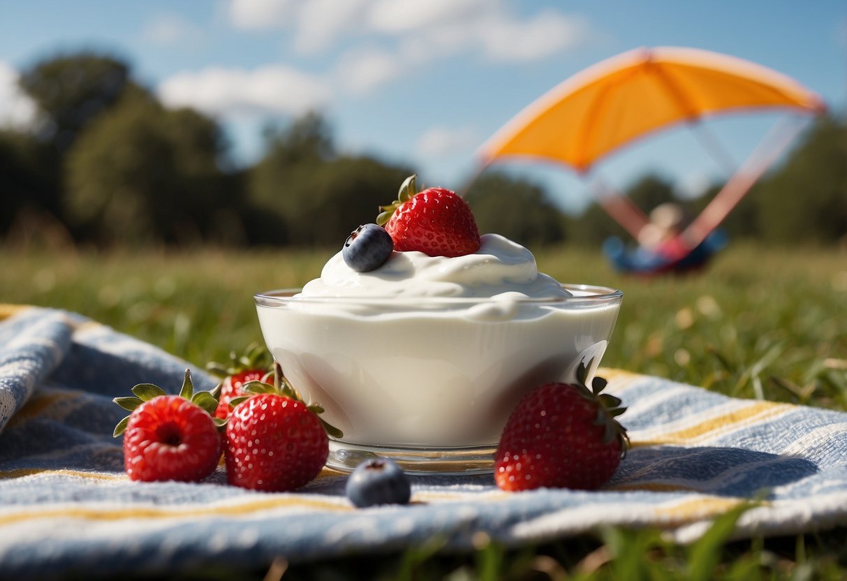 A bowl of Greek yogurt topped with fresh berries sits on a picnic blanket with a kite flying in the background