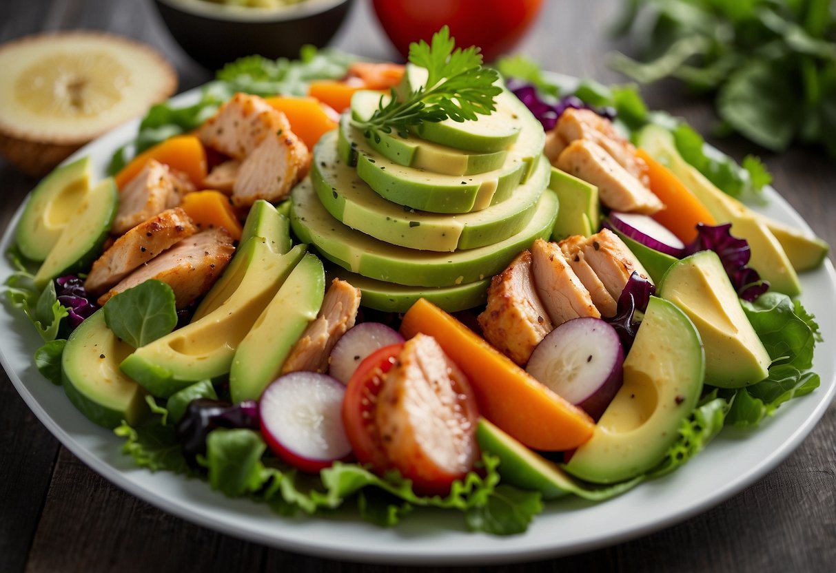 A colorful salad with chunks of chicken and avocado, surrounded by a variety of fresh vegetables and drizzled with a light vinaigrette