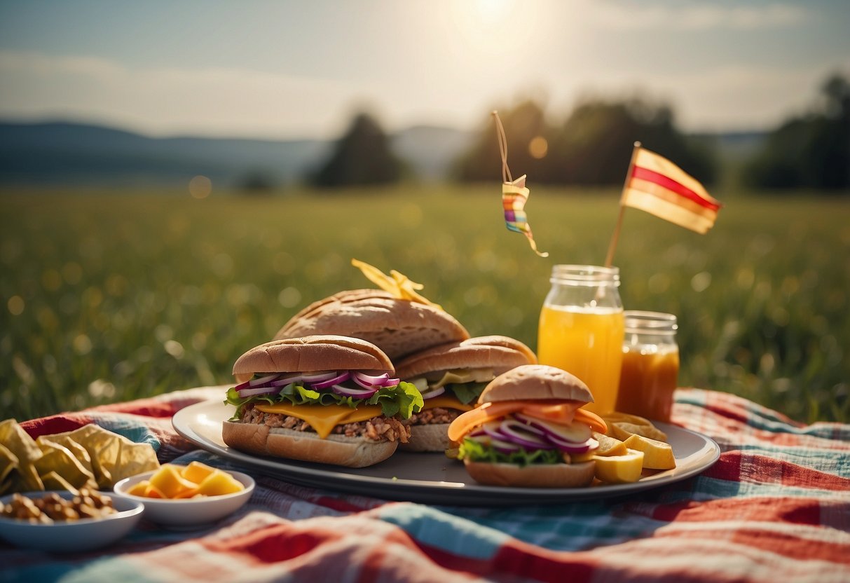 A picnic blanket with colorful kites flying in the sky, surrounded by whole grain turkey sandwiches and other lightweight snacks