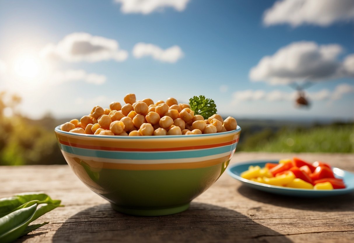 A colorful bowl filled with chickpeas, mixed vegetables, and a light vinaigrette. A kite flying in the background. Sky is clear and sunny