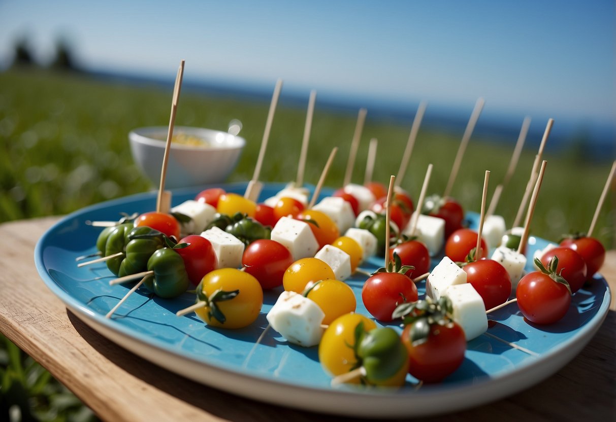A picnic blanket spread out on green grass with a colorful assortment of Caprese skewers arranged neatly on a platter, surrounded by kite flying equipment and a clear blue sky in the background