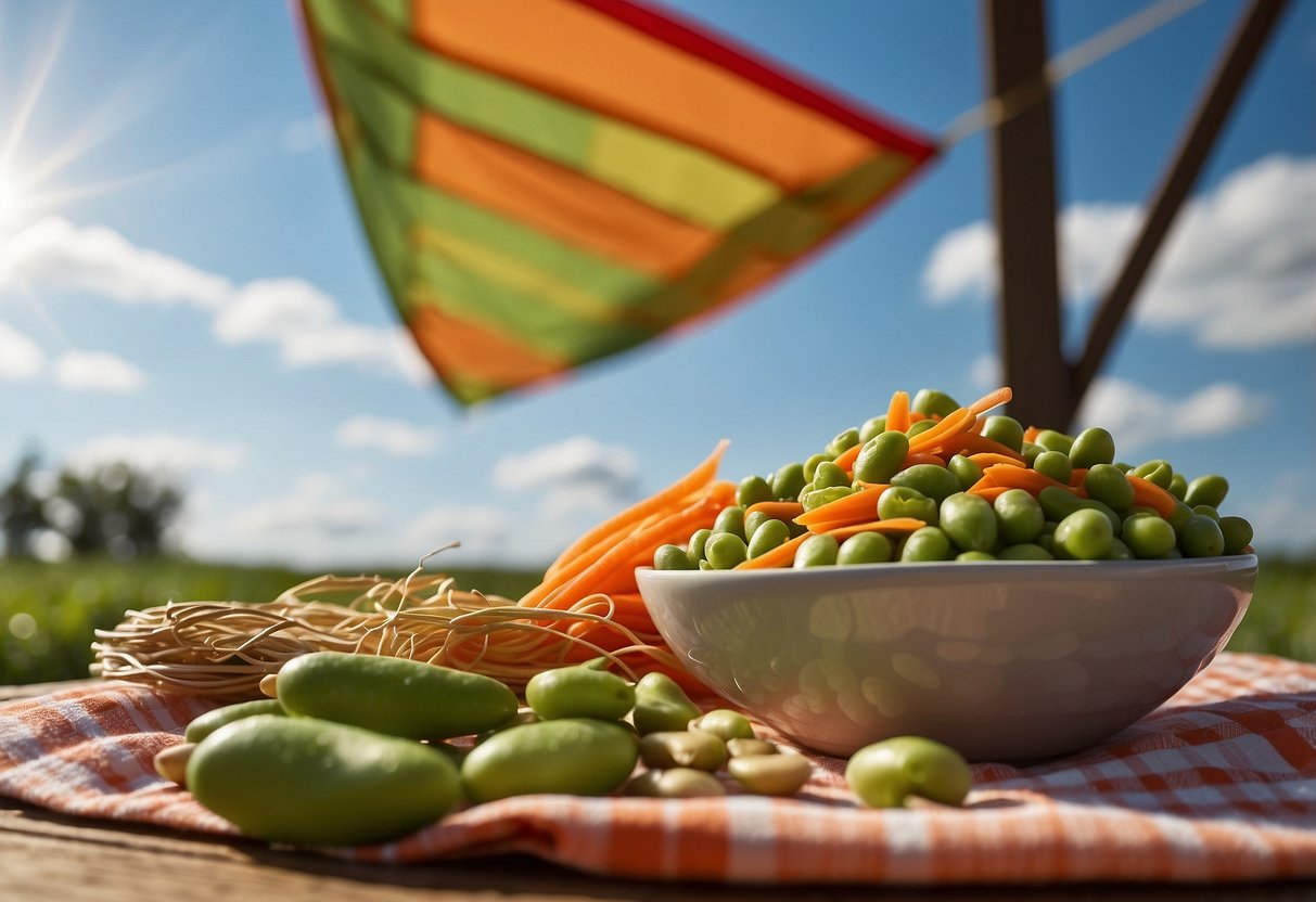 A picnic blanket with a spread of edamame and carrot sticks, surrounded by a kite, a spool of string, and a clear blue sky