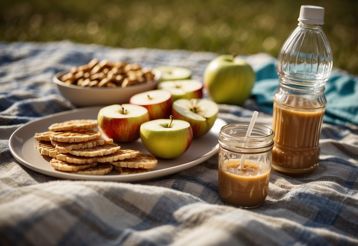 A picnic blanket with a spread of peanut butter apple slices, surrounded by a kite, sunglasses, and a water bottle