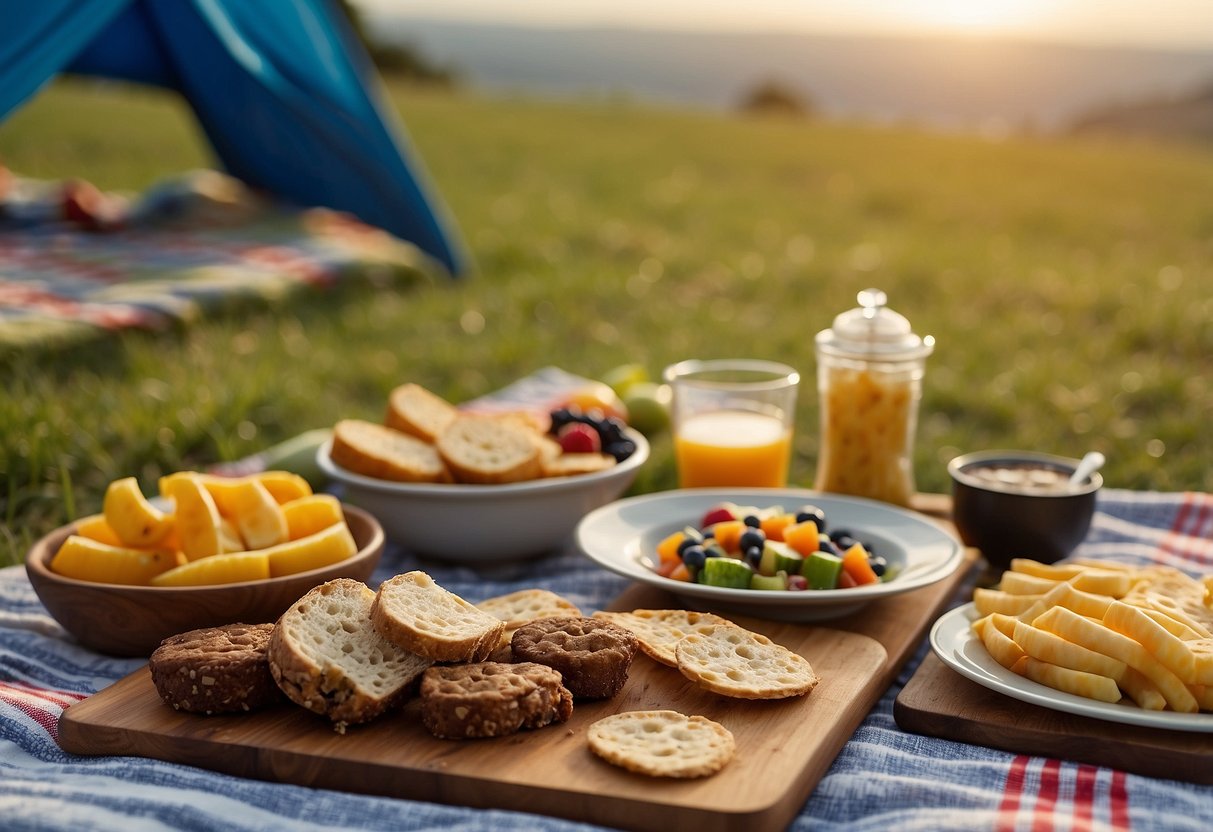 A picnic blanket laid out with a variety of colorful and healthy meal options, surrounded by kite flying equipment and a scenic outdoor setting