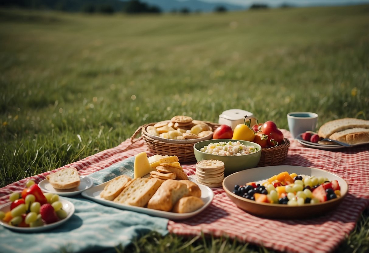 A picnic blanket spread out on a grassy field, with a colorful array of lightweight and nutritious meals laid out in small containers. A kite flying in the sky above, with a scenic landscape in the background
