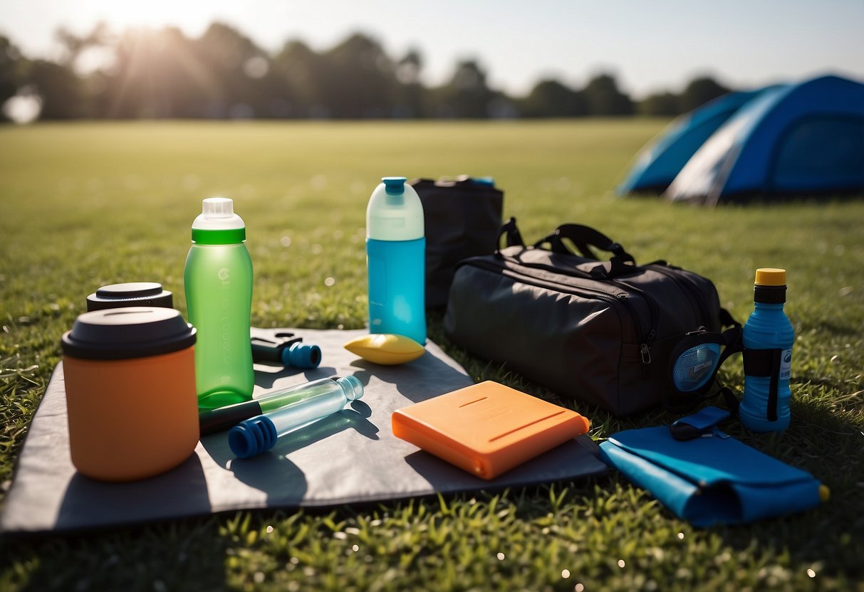 Athletic equipment scattered on a grassy field, including water bottles, healthy snacks, and sunscreen. A coach's whistle and clipboard lay nearby. Sun shines overhead