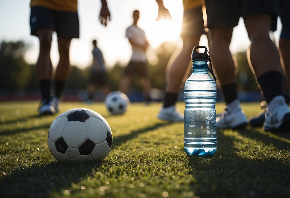 Players stretching, jogging, and doing warm-up exercises on a grassy field. Water bottles and sports equipment scattered around. Sun shining overhead