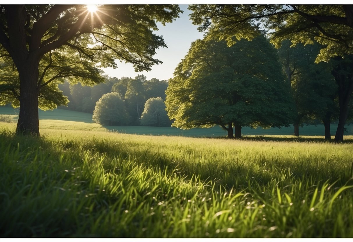 A serene field with lush green grass and a clear blue sky. A calm breeze gently sways the surrounding trees, creating a peaceful and tranquil atmosphere