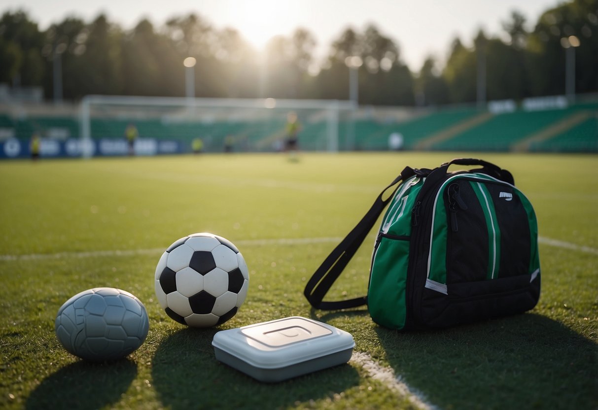 A soccer field with players stretching, hydrating, and jogging. Sun shines on green grass. A coach gives tips. A first aid kit sits nearby