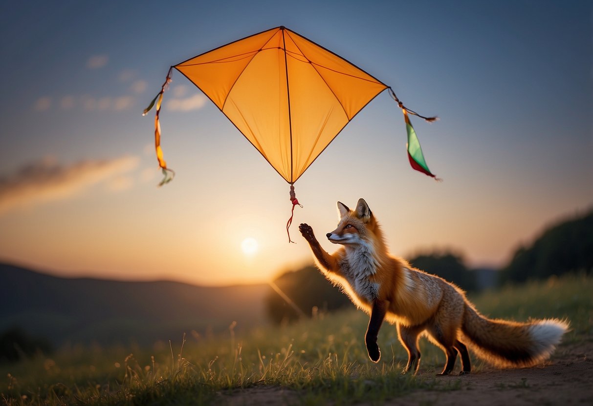 A fox wearing a lightweight headlamp flies a kite at dusk. The headlamp illuminates the fox's path as it runs and the kite soars above