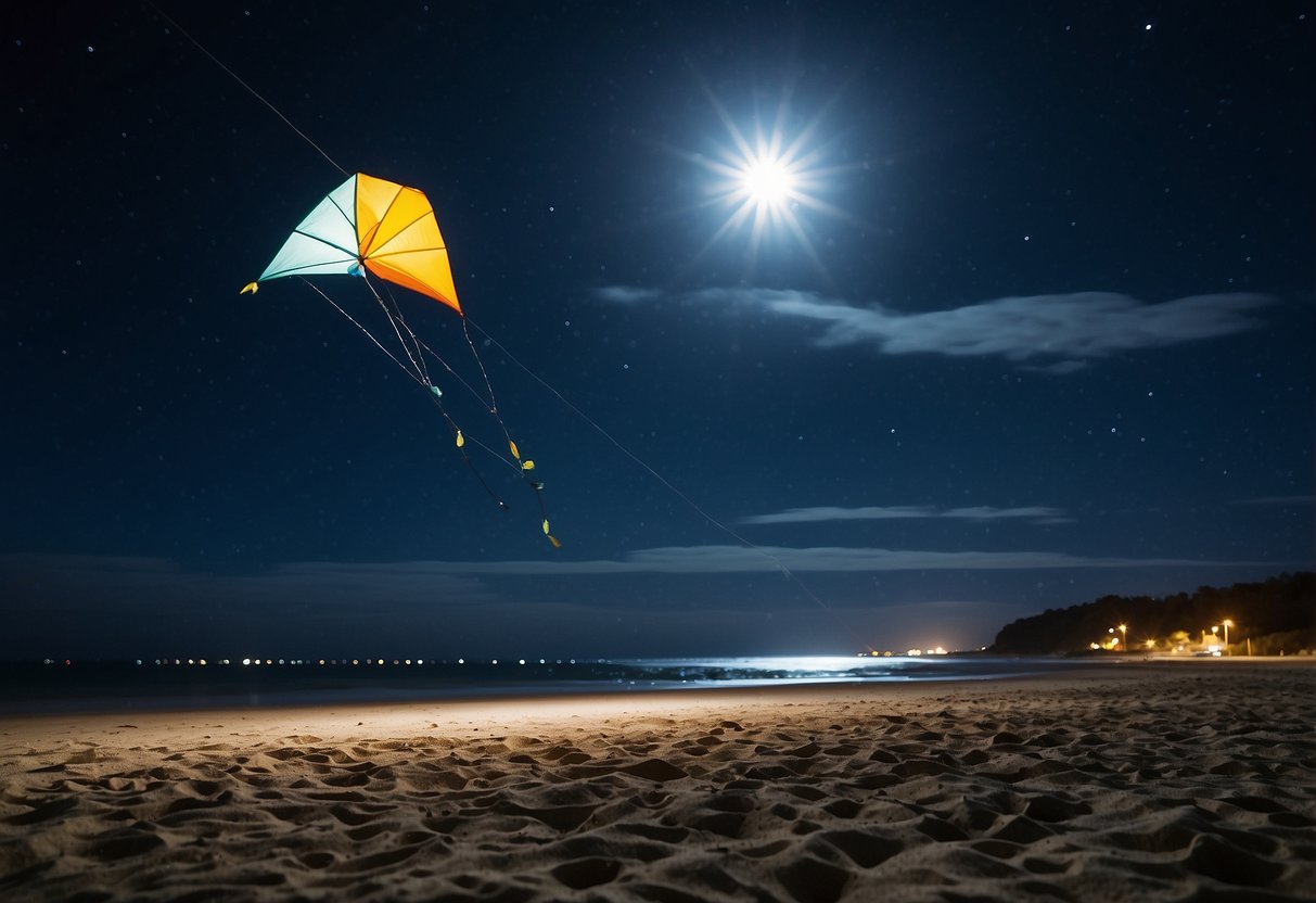 A clear night sky with a full moon shining down on a beach, with a kite flying high in the air and a lightweight headlamp illuminating the surrounding area
