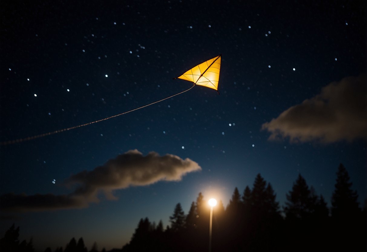A dark night sky with a glowing kite flying high, illuminated by a lightweight headlamp. The kite string is held securely, and safety precautions are visible nearby