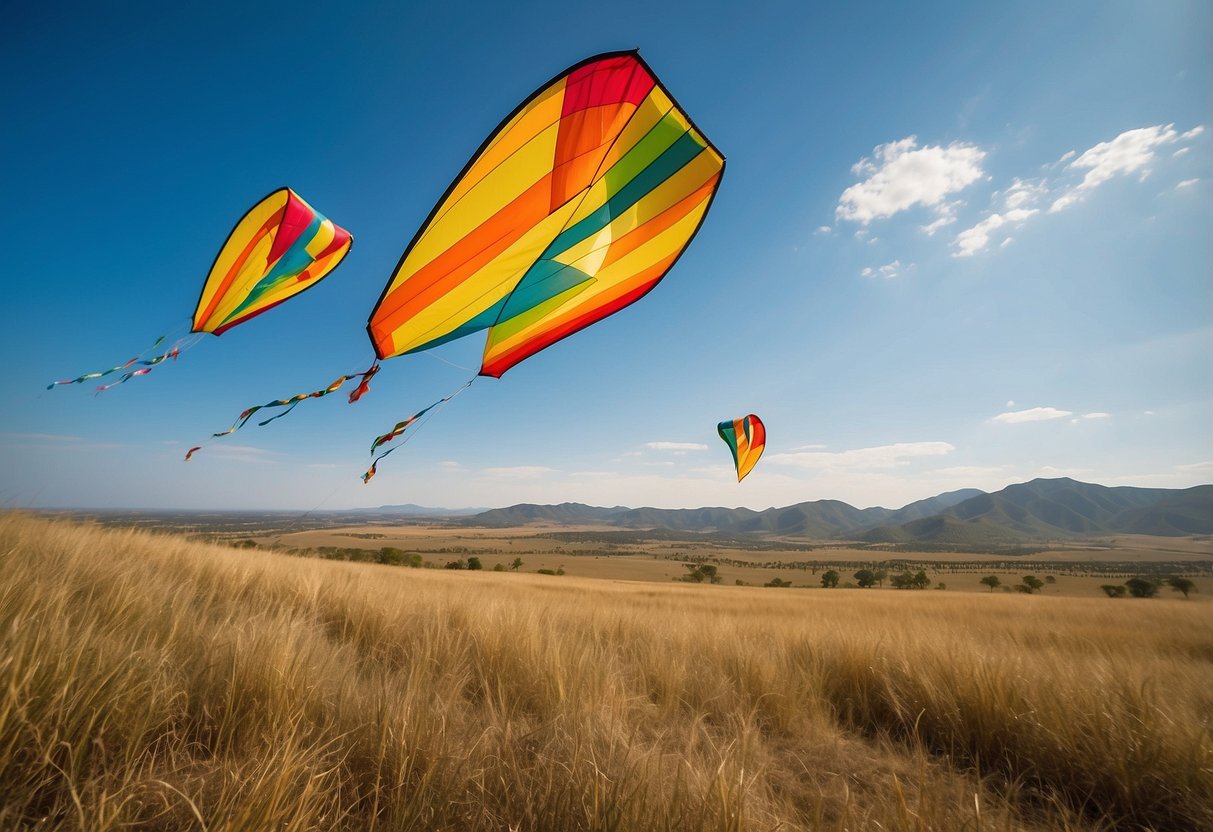 Vibrant kites soar above a vast savanna, framed by rolling hills and a bright blue sky. A gentle breeze carries them over a shimmering lake, with tall acacia trees dotting the landscape