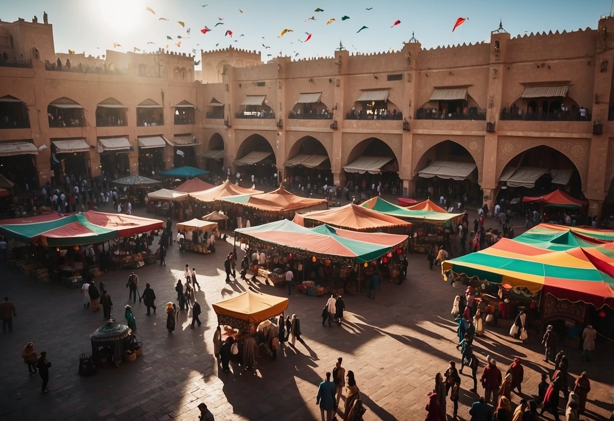 The bustling Jemaa el-Fnaa square in Morocco, with colorful kites soaring above the vibrant market and historic buildings