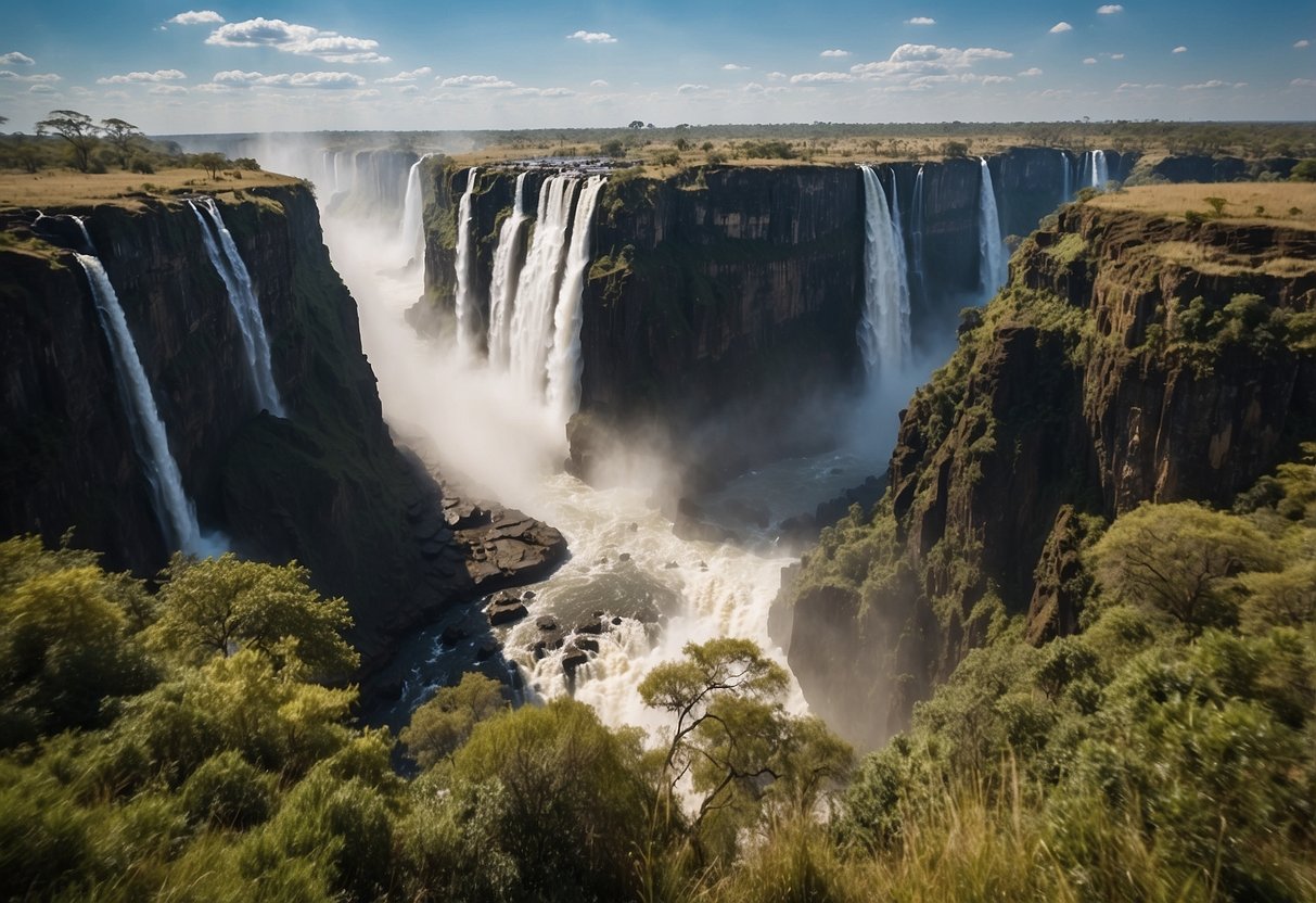 Victoria Falls, Zambia: Wide open grassy field with a clear blue sky, vibrant kites soaring high above the rushing waters of the falls