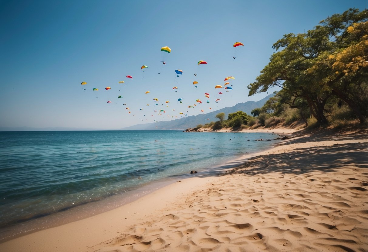 The clear blue waters of Lake Malawi stretch out to the horizon, with colorful kites soaring high above the sandy shores