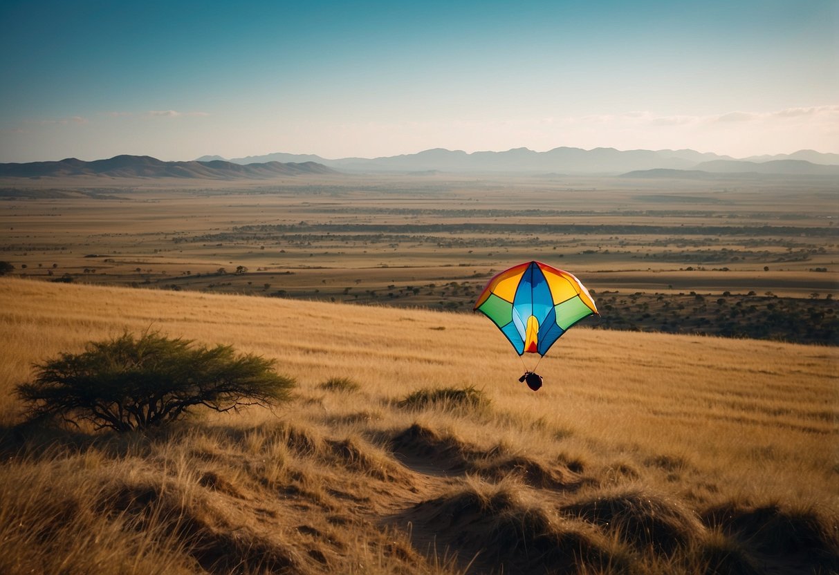 A colorful kite flies high above a vast, open savanna in Africa, with a backdrop of rolling hills and a clear blue sky. The scene is peaceful and serene, perfect for a day of kite flying