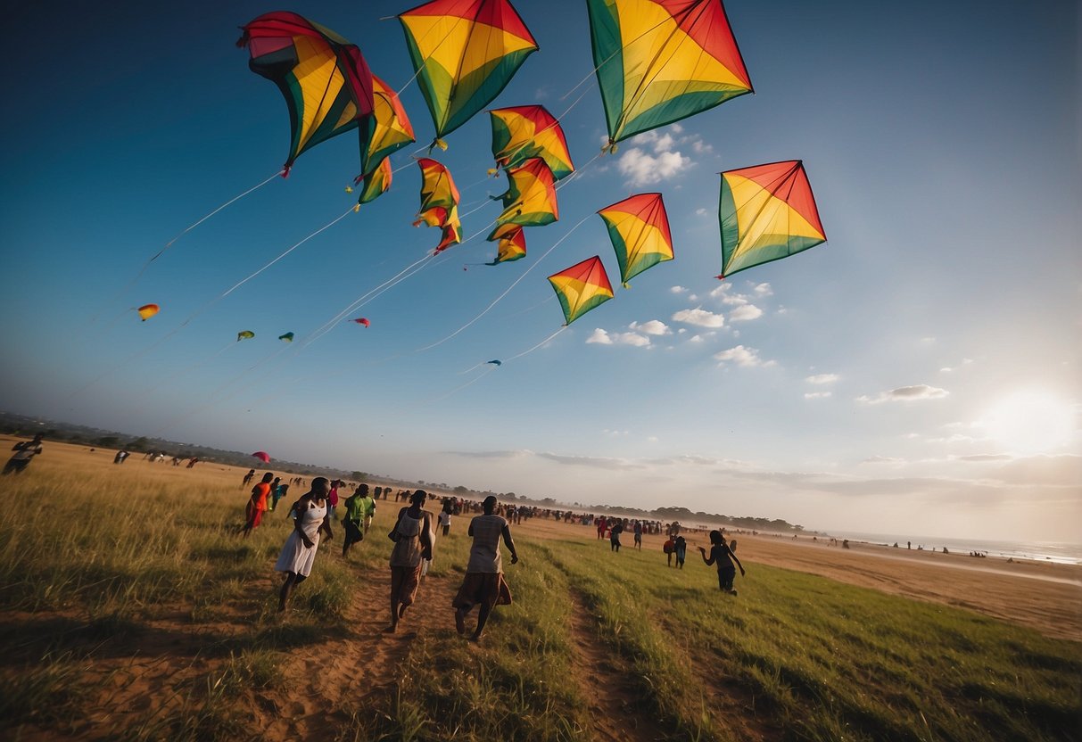 Vibrant kites soar above open fields, bustling marketplaces, and serene beaches across Africa, showcasing the continent's rich cultural traditions and love for kite flying