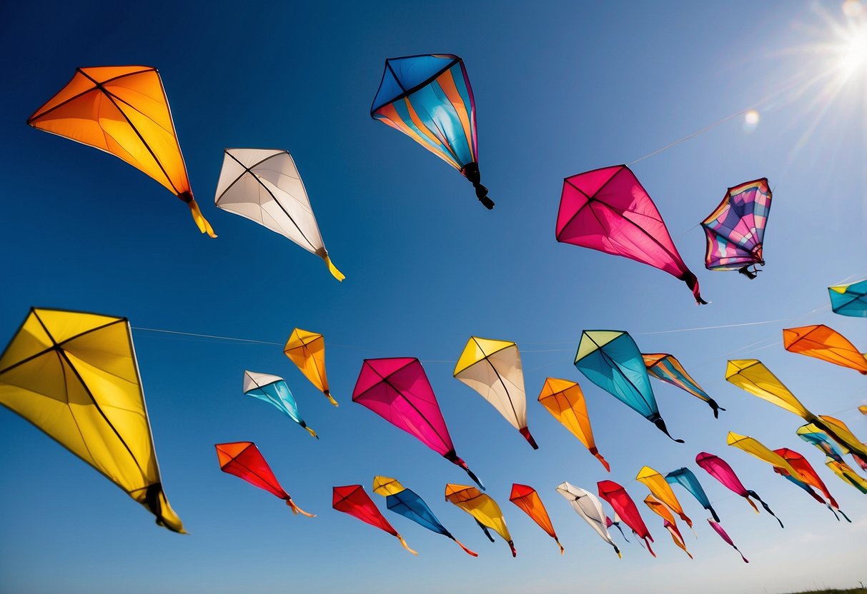 Colorful kites soaring in the sky, held by coolers with vibrant designs. Wind blowing through the scene, with a sense of joy and freedom