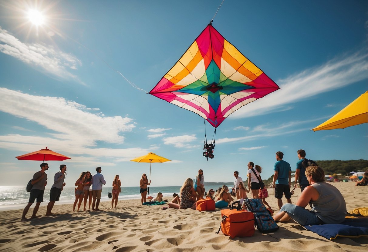 A colorful kite soaring in the sky above a Coleman Xtreme Portable Cooler, surrounded by a group of people enjoying a sunny day at the beach