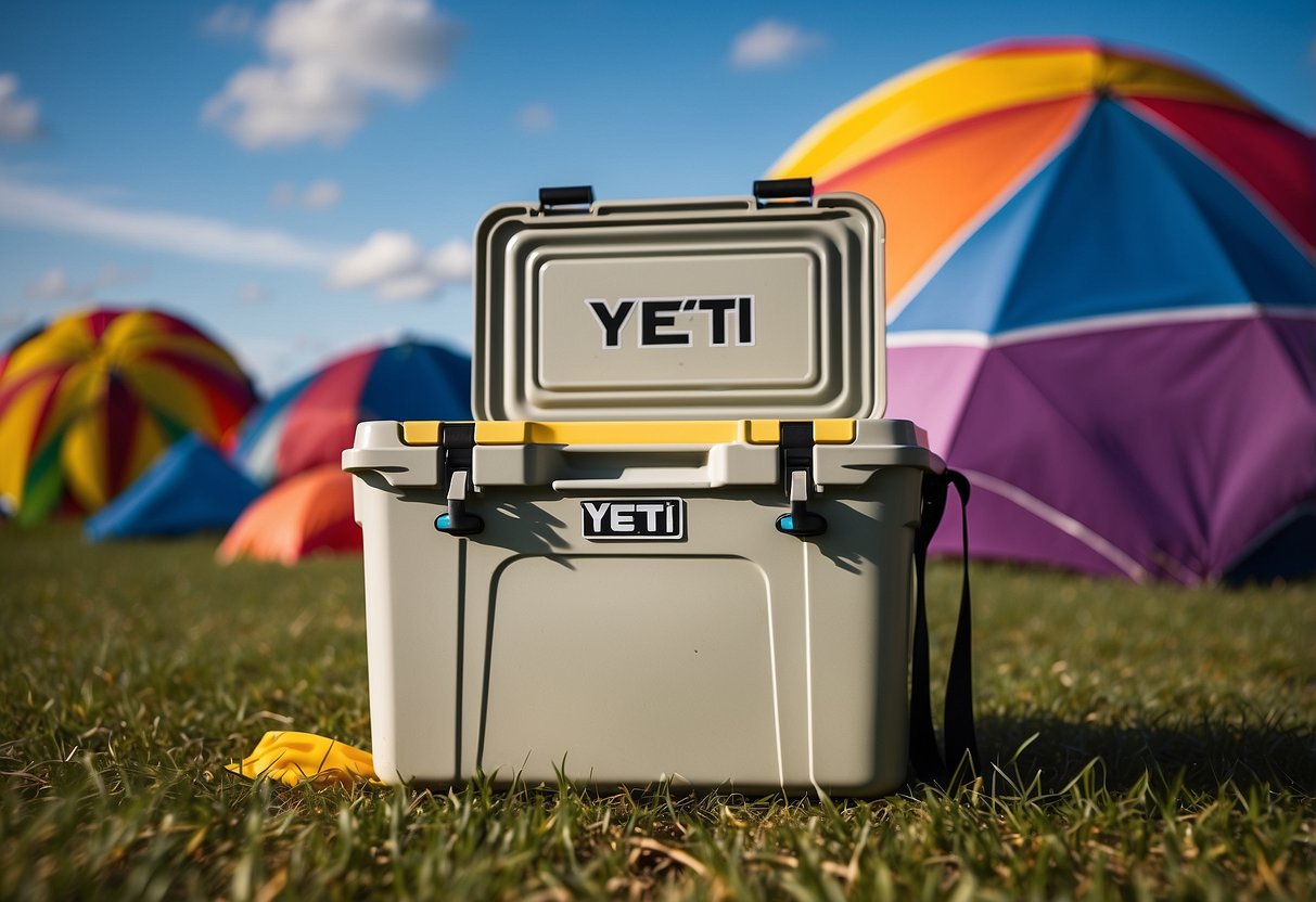 A Yeti Tundra 65 Cooler sits open on a grassy field, surrounded by colorful kites flying in the sky