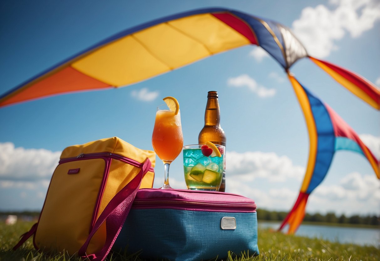 A colorful kite soaring high in the sky, while a canvas soft cooler sits nearby, filled with refreshing drinks for a fun day of kite flying