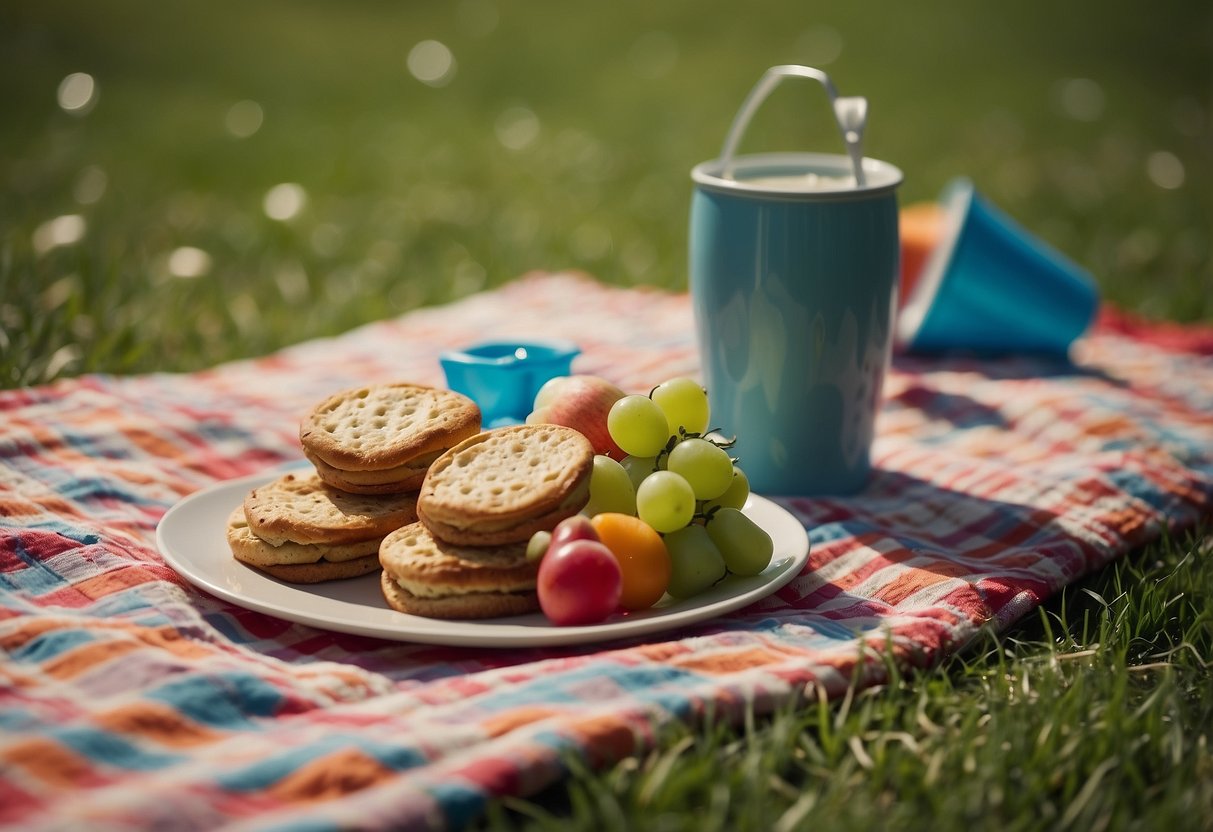 A picnic blanket spread on green grass with a colorful kite flying in the sky. Nearby, a cooler filled with refreshments and snacks for a fun day of kite flying
