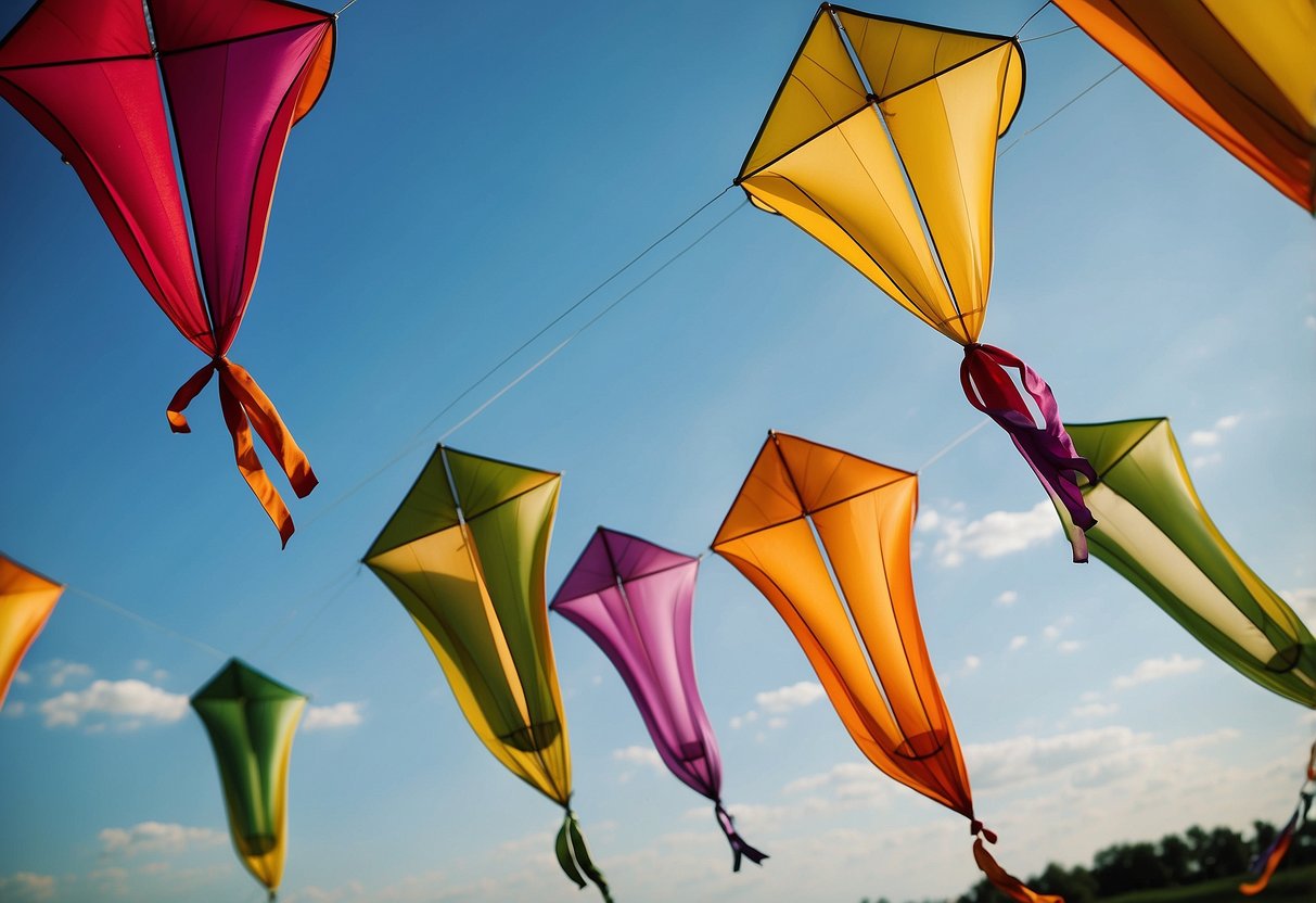 A group of colorful kites flying high in the sky, while a row of well-maintained coolers stand nearby, ready for use