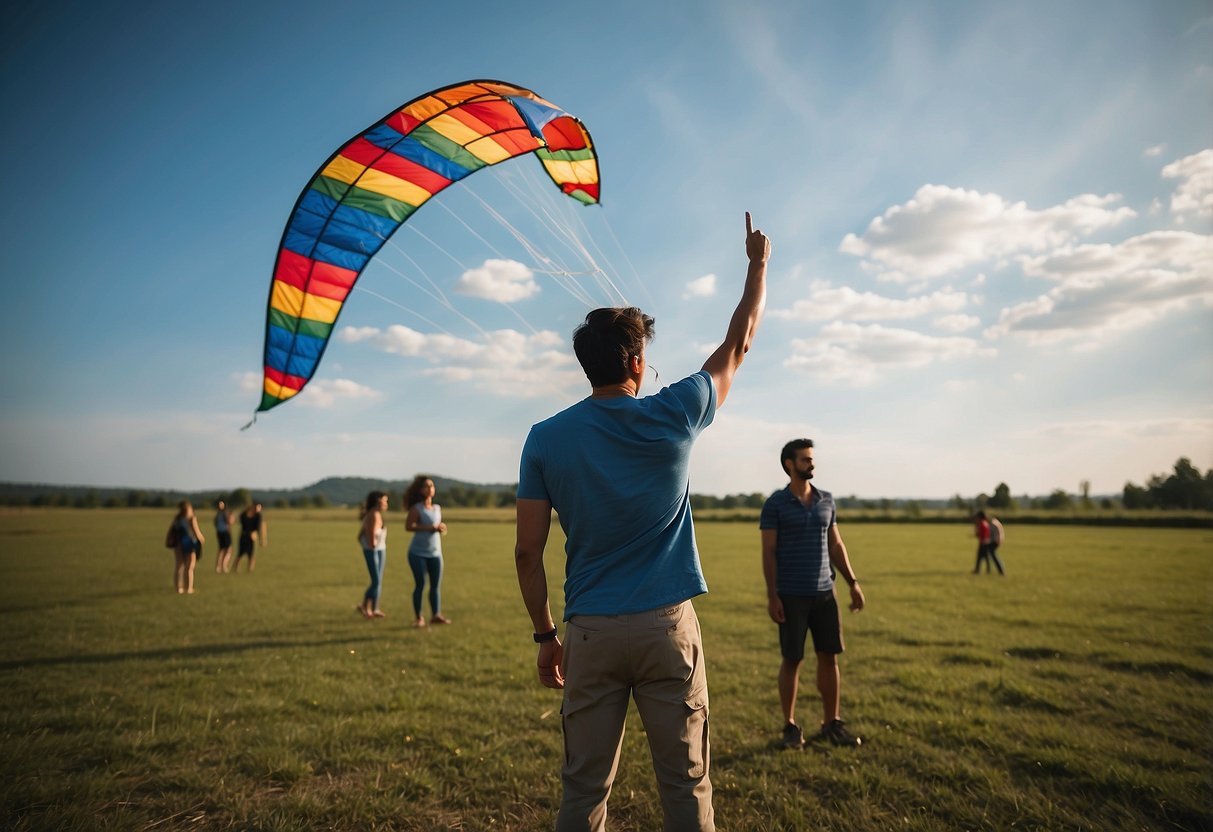 Bright blue sky, gentle breeze, open field with colorful kites soaring high. Trainer demonstrates proper technique, while others practice launching and maneuvering their kites