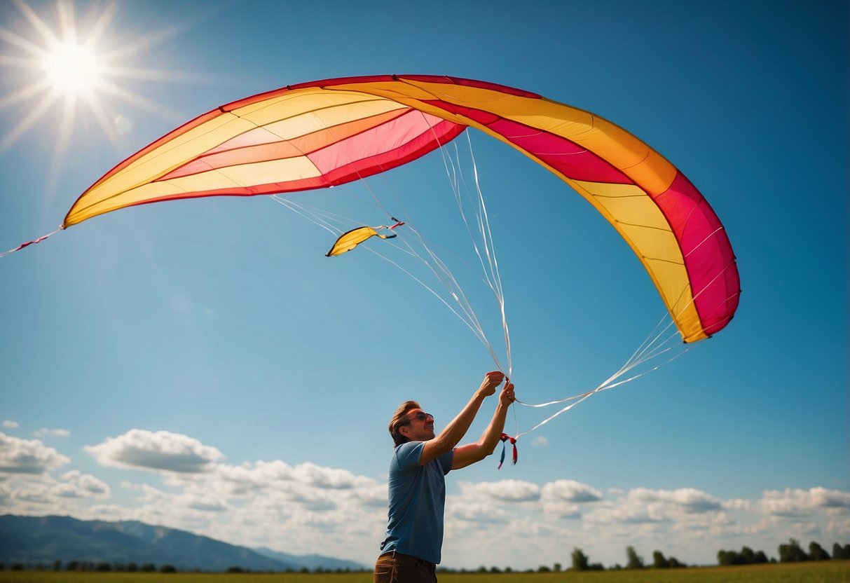 A colorful kite soars high in the sky, guided by a skilled hand. The wind is strong, the sun is shining, and the kite dances gracefully in the air