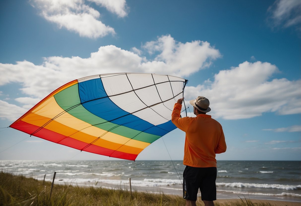 A person checks wind conditions before training for a kite flying trip. They hold a kite and look at the windsock to gauge the wind speed and direction