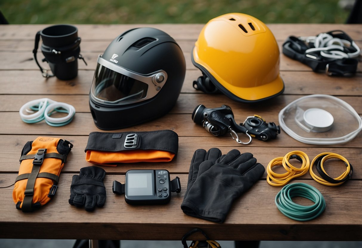 A table with kite flying gear: helmet, gloves, harness, safety leash, and kite. A list of 10 training tips displayed on a wall