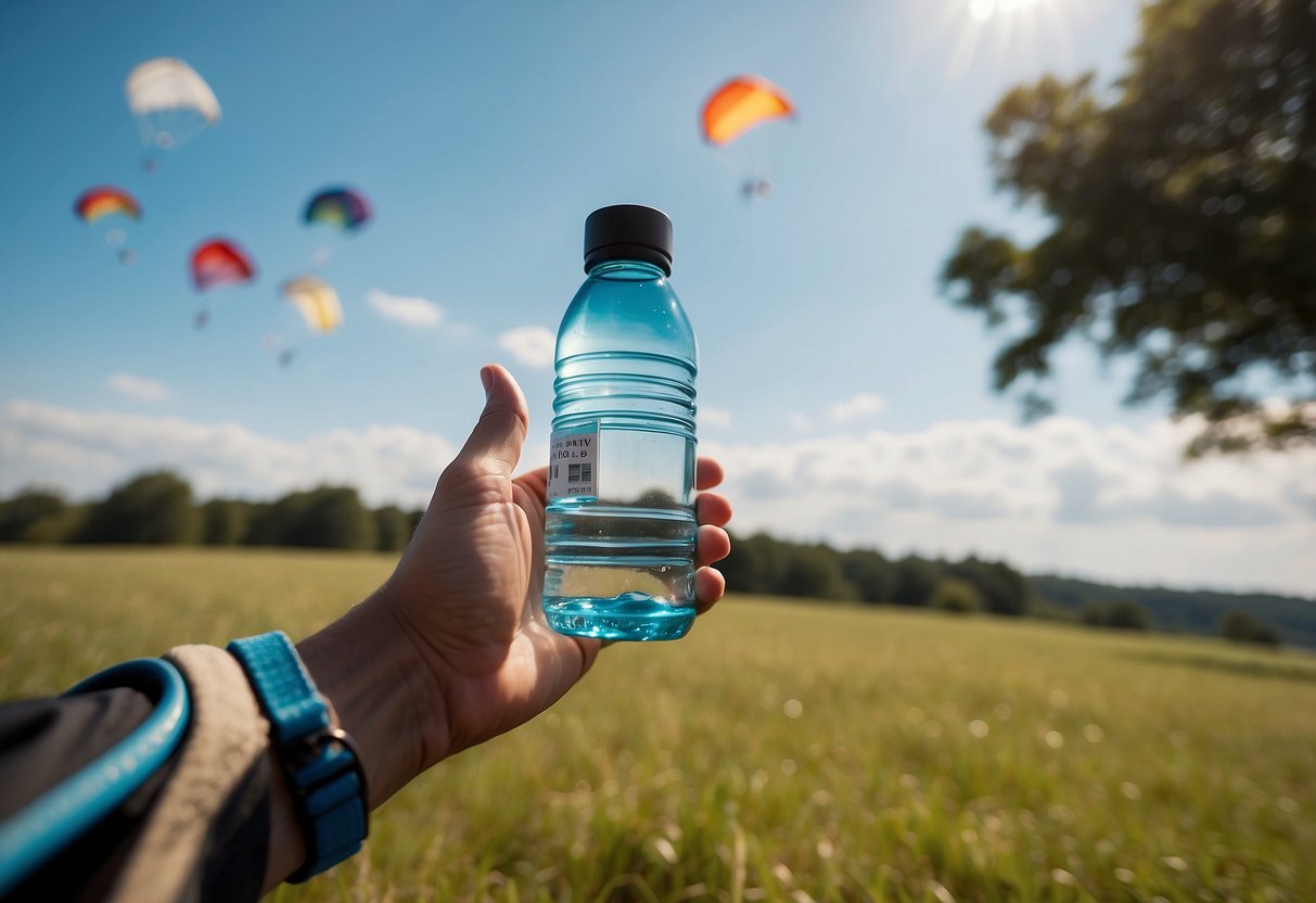 A person's hand holding a water bottle with kites in the background, a clear blue sky, and a checklist of 10 hydration tips for kite flying trip training