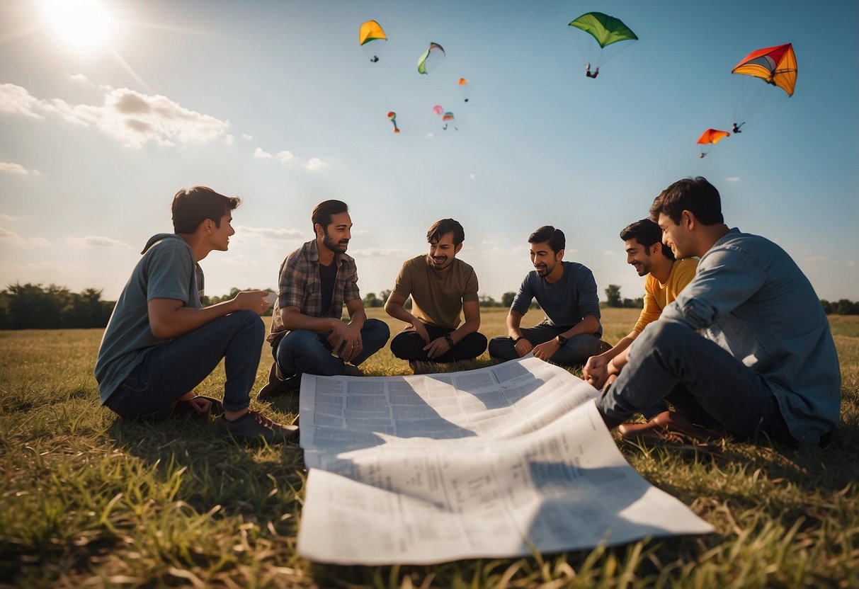 A group of people studying a list of local regulations for kite flying, surrounded by kites and training equipment