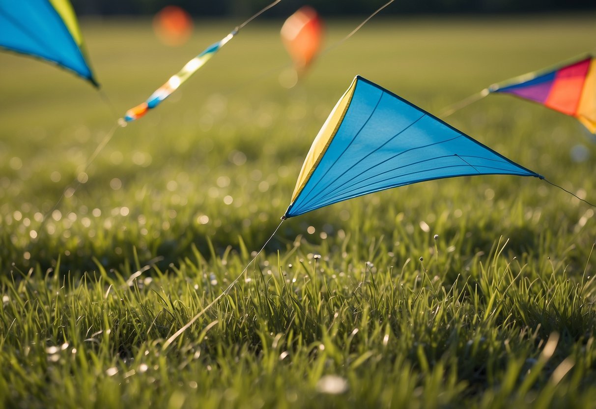 A grassy field with a clear blue sky, a gentle breeze blowing. Kite flying equipment scattered on the ground, including spools of string, colorful kites, and a small training kite