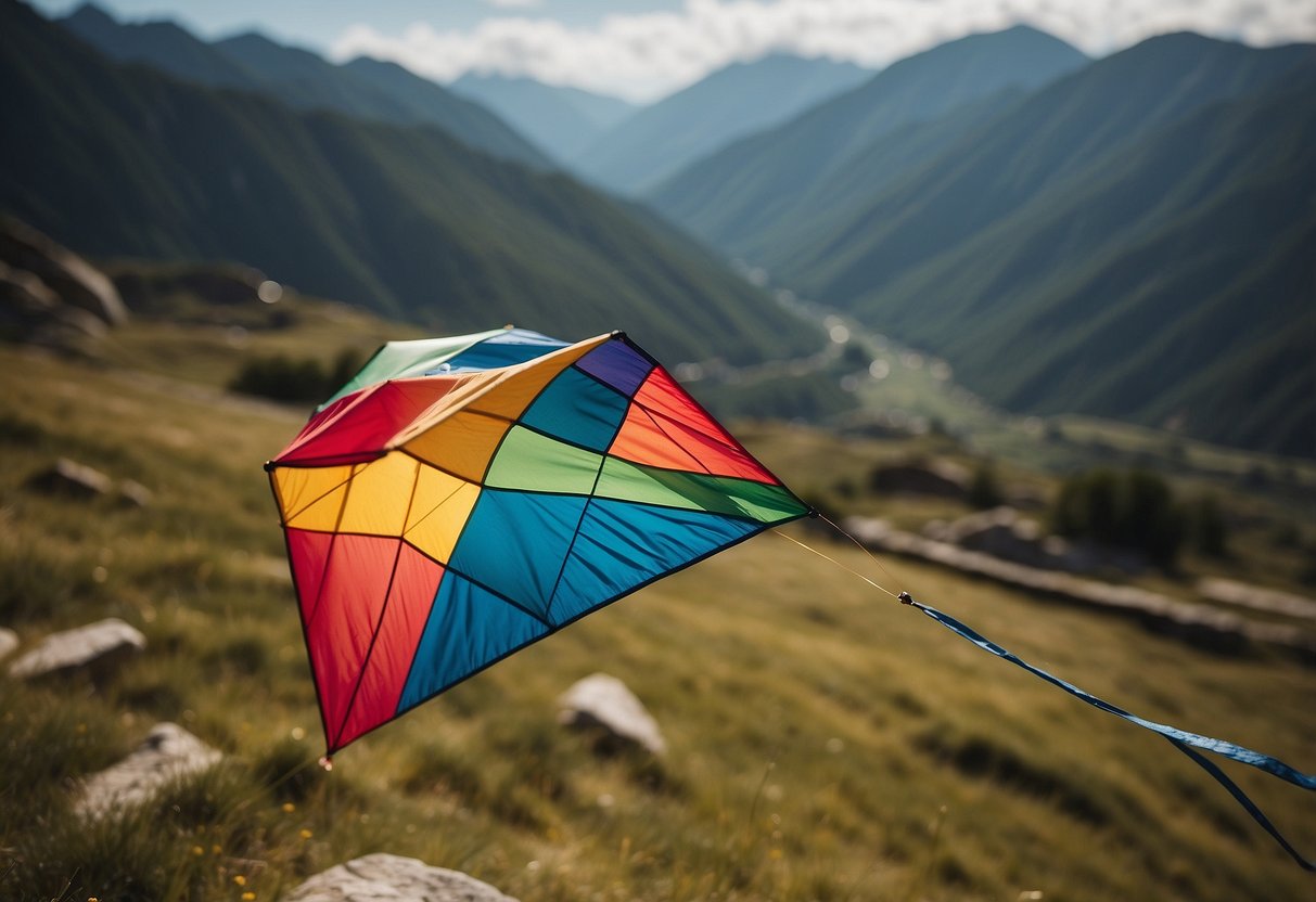 A colorful kite soaring high against a mountain backdrop, with tips for preventing altitude sickness displayed nearby