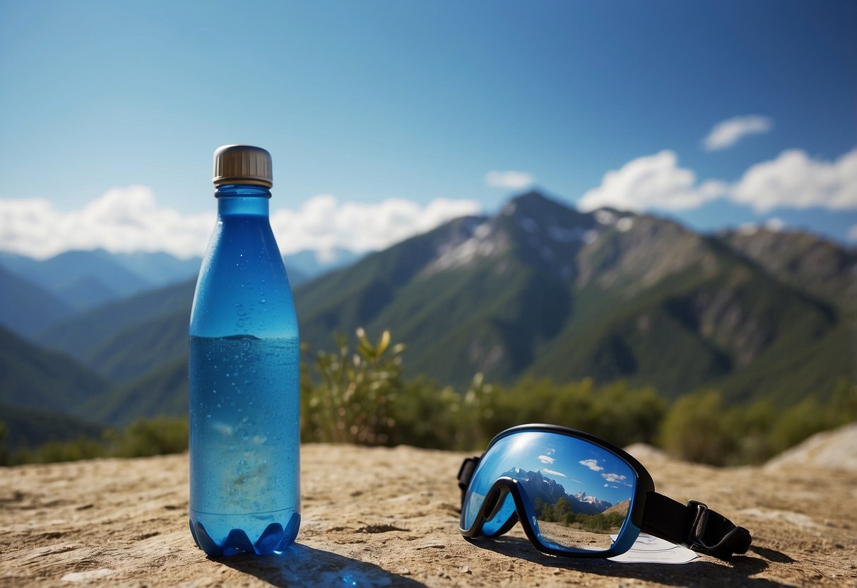 Bright blue sky, mountain peaks in the distance, a kite soaring high above the ground, and a water bottle nearby