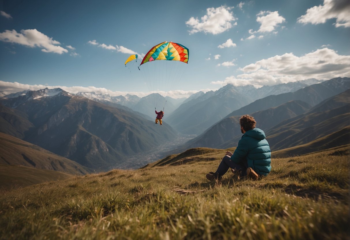 A kite flying high in the sky, with mountains in the background and a person sitting on the ground, looking a bit dizzy and lightheaded
