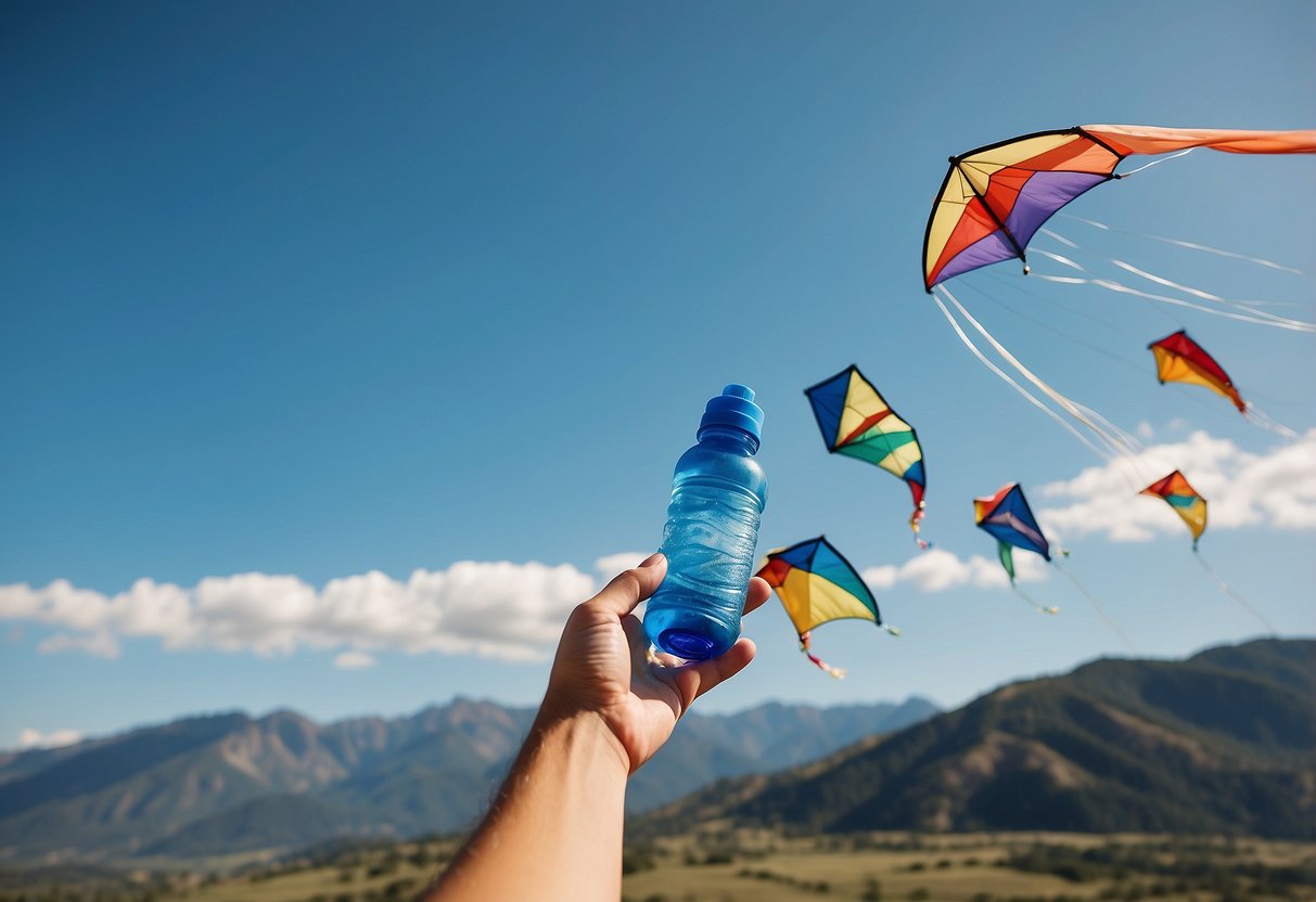 A clear blue sky with colorful kites flying high, surrounded by mountain peaks. A person holding a water bottle and avoiding alcohol