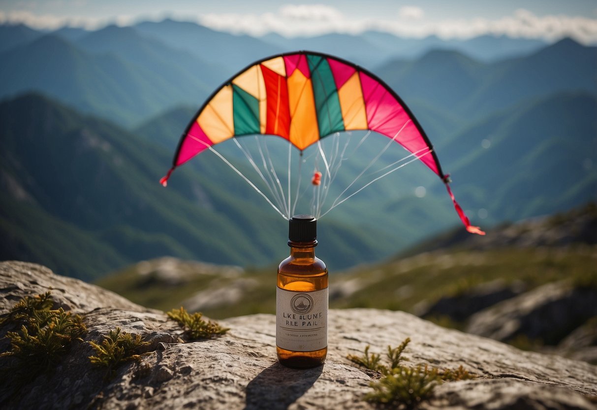 A kite flying high in the sky, surrounded by mountains. A small bottle of altitude sickness medication sits nearby, along with a list of tips for dealing with the condition