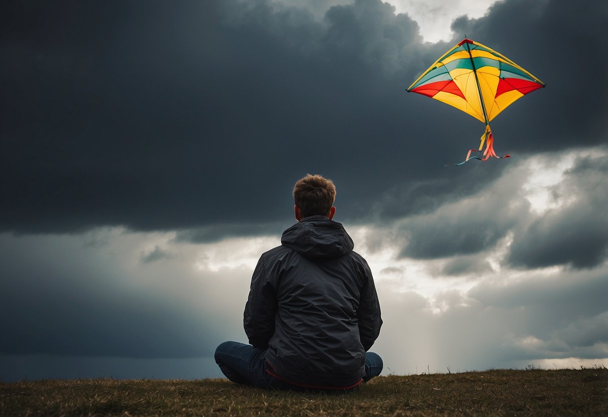 A kite flies high in the sky as dark clouds gather. A person sits on the ground, holding their head, feeling the effects of altitude sickness