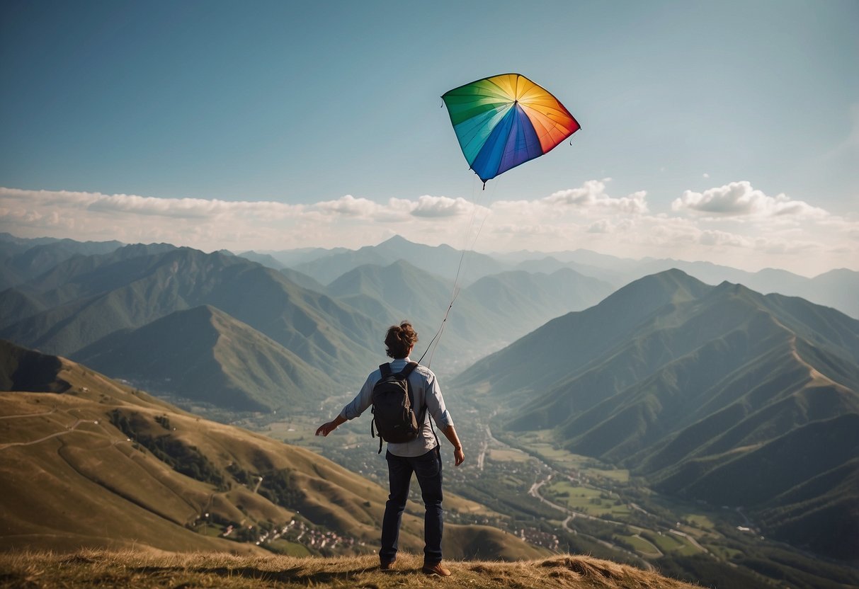 A kite flying high in the sky, with a mountain peak in the background and a person holding their head in discomfort