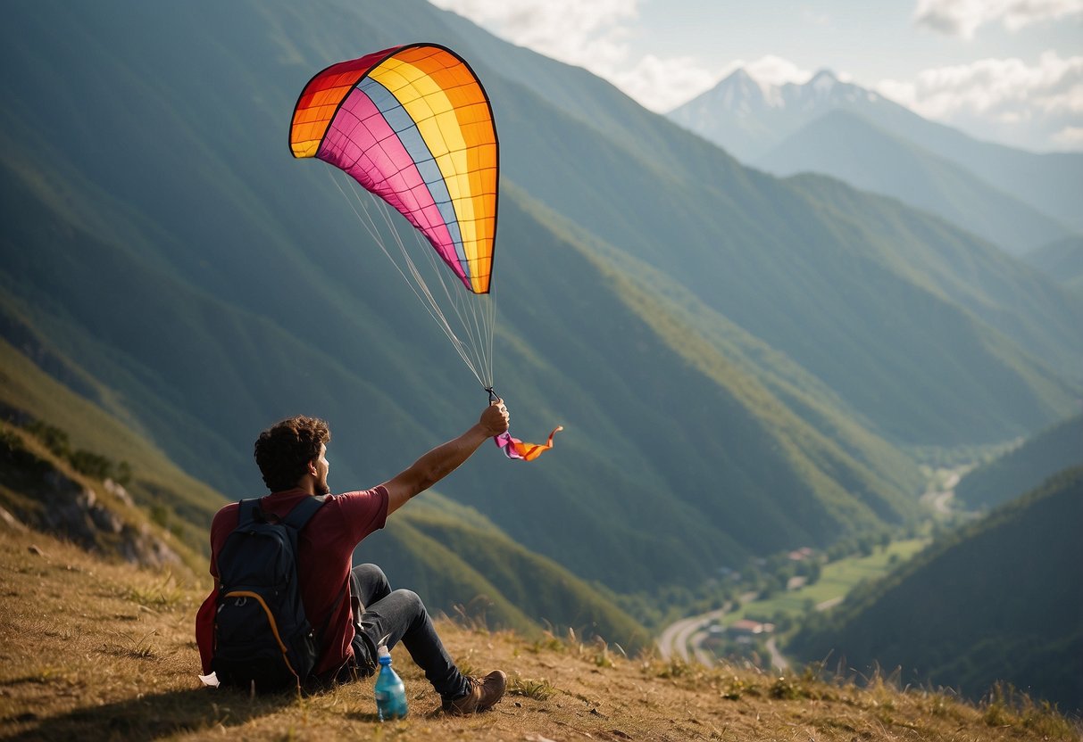 A kite flies high in the sky, surrounded by mountains. A person on the ground looks queasy, holding their head. Nearby, a bottle of water and some snacks sit untouched