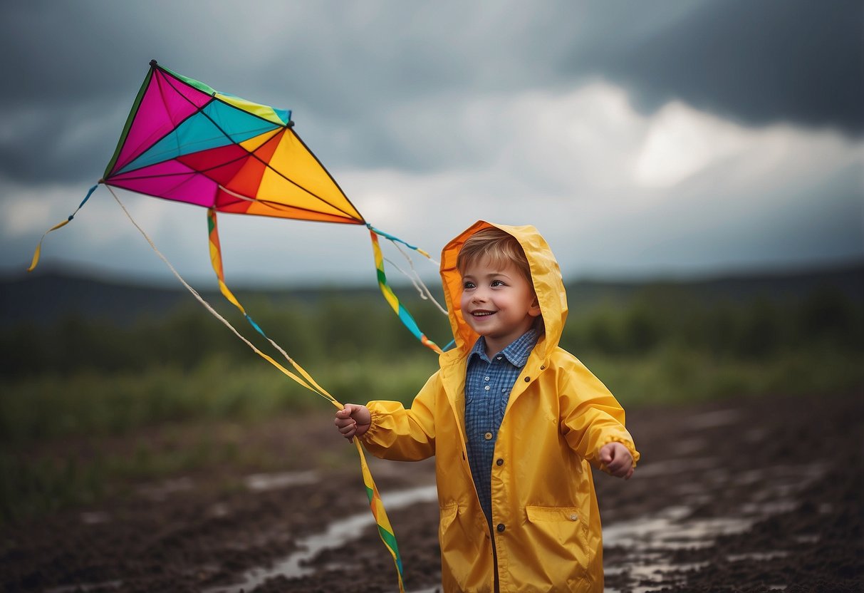 Bright kites soar against a cloudy sky. A child in a colorful raincoat holds the string. Lightweight rain gear lays nearby