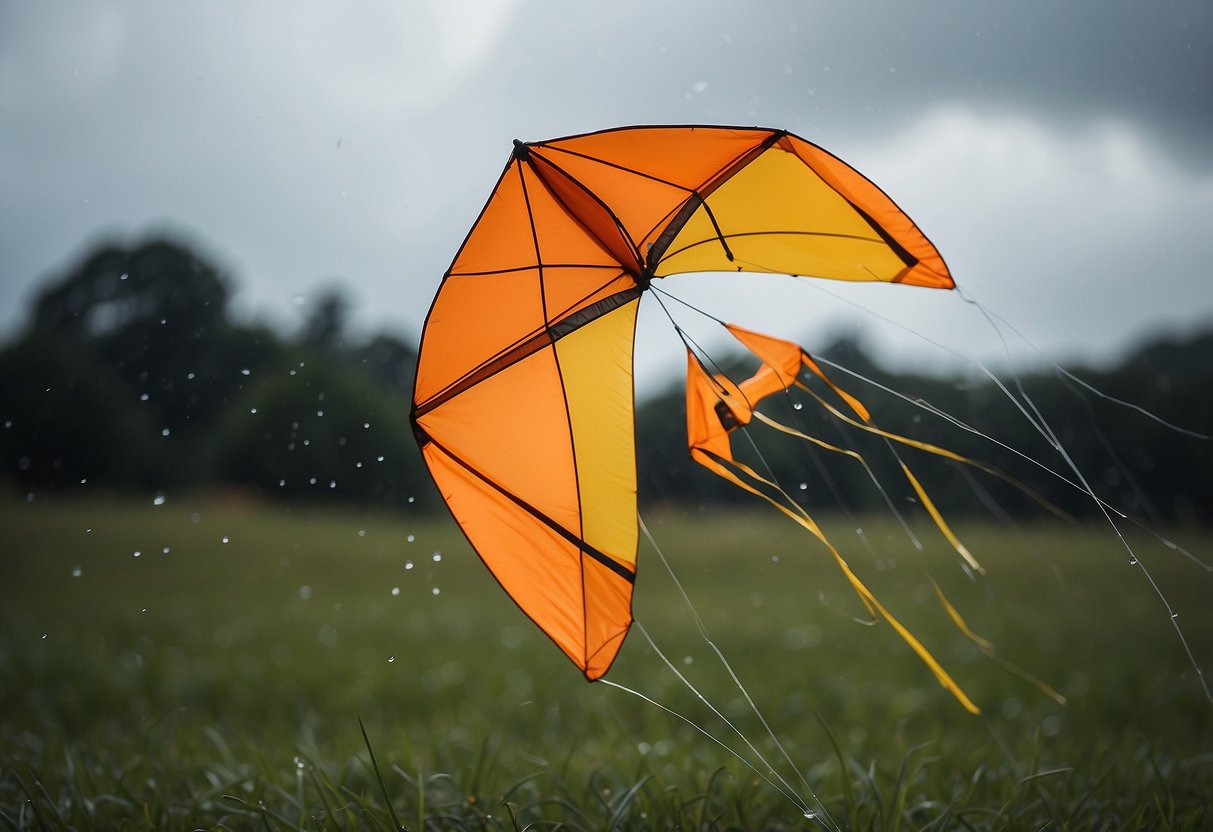 A colorful kite flies high in the sky as rain falls gently on the grass. A bright orange Outdoor Research Helium II Jacket protects the kite flyer from the light rain